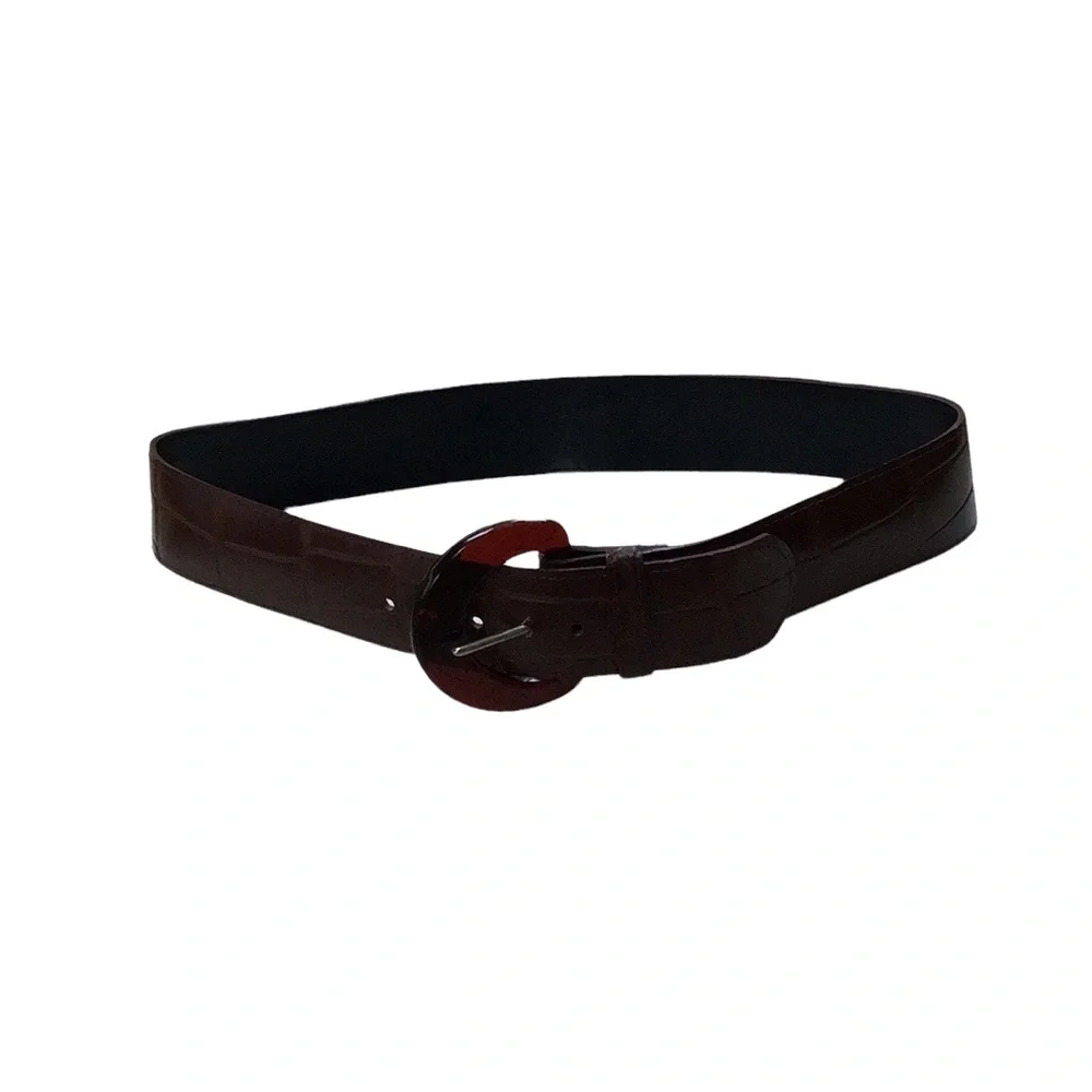 Faux Reptile Alligator Crocodile Brown Belt With Round‎ Amber Buckle Size 14